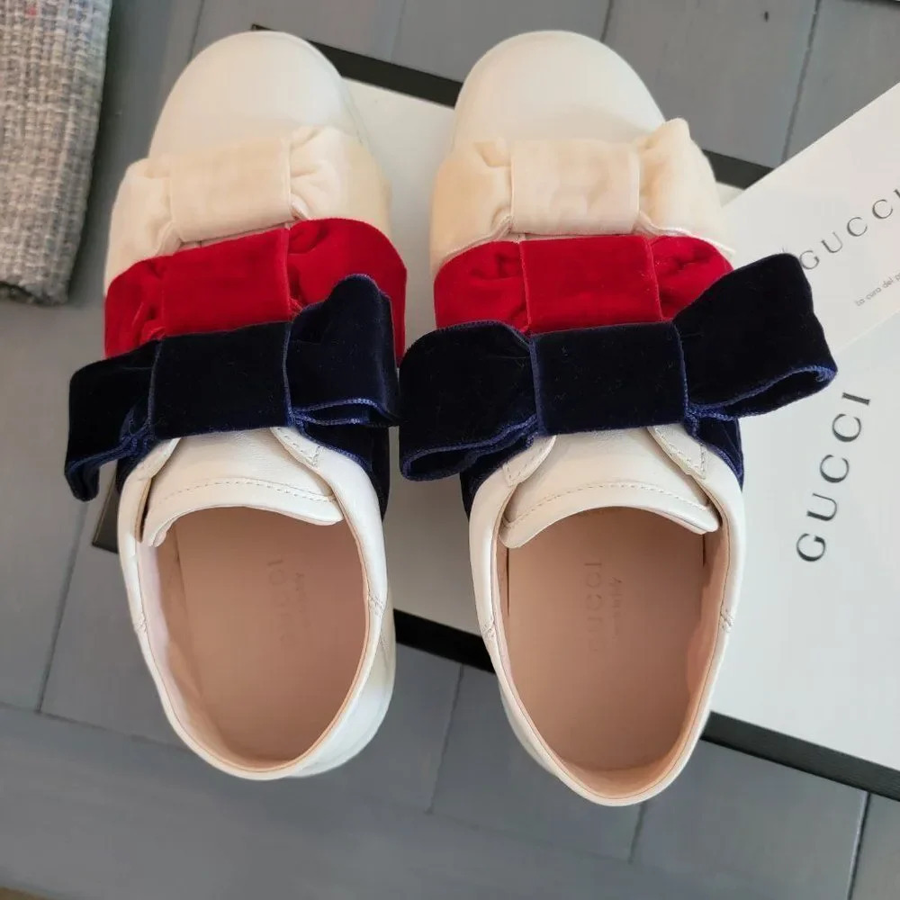 Gucci Women's Cream Leather And Velvet Bow Ace Slip On Sneakers Size 35 - Picture 8 of 16